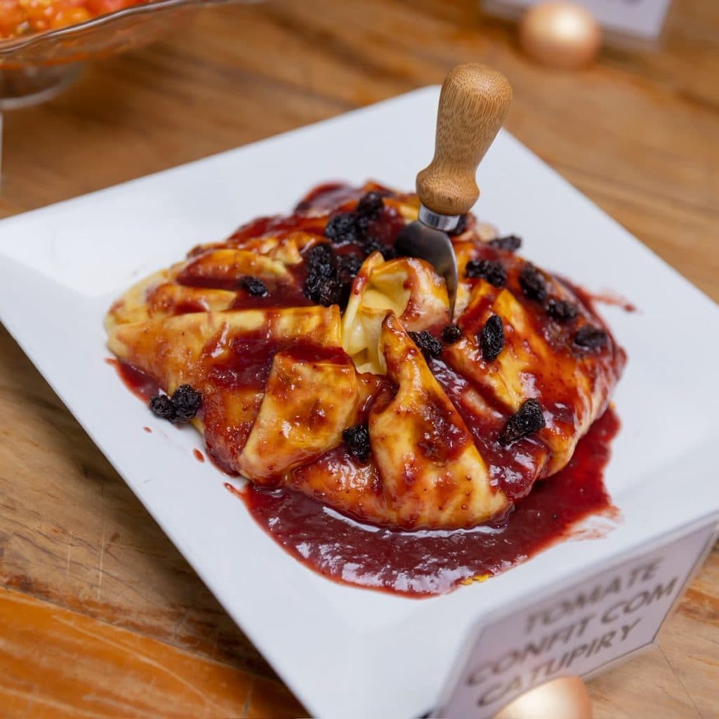 Queijo brie com geleia de frutas vermelhas servido em Guarujá