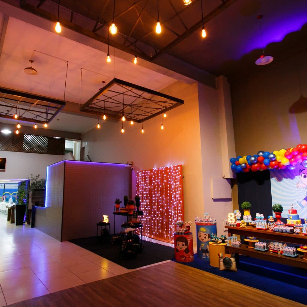 Área de recepção do Buffet Oceano Mágico, buffet infantil em Guarujá